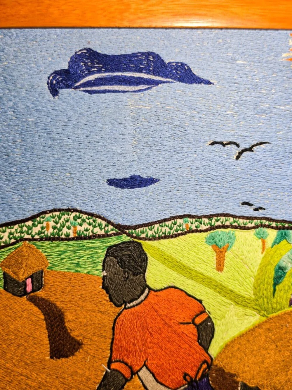 Framed Haitian School Thread Art Painting Naive-style Story included - Stamped